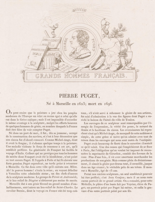 Pierre Puget, Portrait of Pierre Paul Puget, Galerie métallique des grands hommes français, Gallery of medals with French greats, print, printmaker: Louis Marie Normand, Paris, after design by Jacques Edouard Gatteaux, in or after 1817, paper, etching, letterpress printing, etching with text in letterpress, height 104 mm x width 168 mm, height 356 mm x width 257 mm, Person, Pierre Paul Puget, historical persons, portrait, self-portrait of painter, self-portrait of sculptor, self-portrait of architect, The image shows a printed page with a decorative header featuring a circular portrait medallion of a man in profile surrounded by ornamental elements including a column fragment, books, sculptural tools, a classical helmeted figure, a draped torso, a laurel branch, and various vases and decorative objects, all arranged above a rectangular cartouche; below the illustration is a bold name heading and multiple columns of body text in a serif typeface.