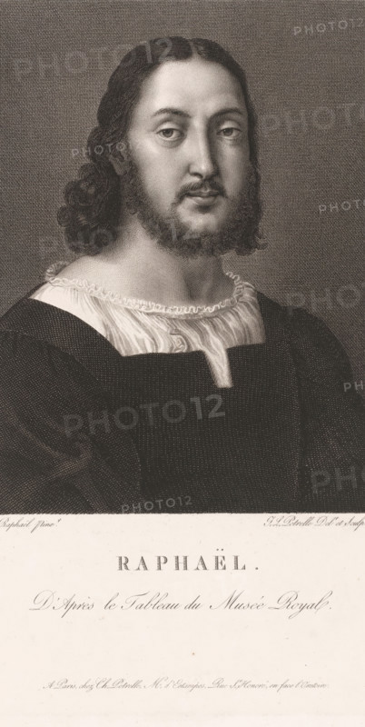 Portrait of Raphael, print, printmaker: Jean Louis Potrelle, after painting by Rafaël, publisher: Charles Potrelle, Paris, 1798 - 1898, Raphael, paper, engraving, etching, height 345 mm x width 257 mm, Person, historical persons, portrait, self-portrait of painter, A monochrome engraved portrait of a man shown from the chest up facing slightly to the viewer's left, with shoulder-length wavy hair and a trimmed beard and mustache, wearing a dark robe over a light, ruffled collar garment; his expression is neutral and his gaze is directed toward the viewer, and the background is a fine textured pattern with a blank lighter area below the portrait.