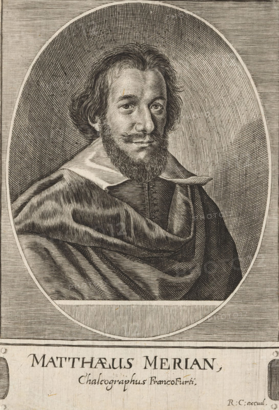 Portrait of Matthaeus Merian, Matthaeus Merian, print, printmaker: Raphael Custos, Augsburg, 1600 - 1650, Bavaria, paper, engraving, height 164 mm x width 113 mm, Person, Matthäus Merian (der Ältere), historical persons, portrait, self-portrait or graphic artist, An engraved portrait of a man shown from the chest up inside an oval frame, with shoulder-length wavy hair, a mustache and a full beard, wearing a wide collar and a draped cloak with visible folds and textured shading, set against a densely hatched background, the lower edge of the image showing a horizontal band beneath the oval.