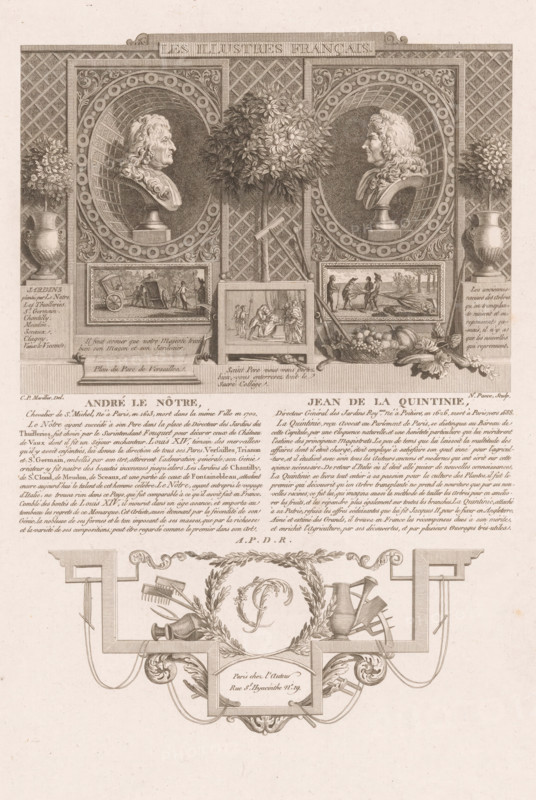 Allegorical portraits of André Le Nôtre and Jean-Baptiste de la Quintinie, Portraits of French historical figures, Les illustres français, ou tableaux historiques des grands hommes de la France, print, Series number, 29, 56, printmaker: Nicolas Ponce, after drawing by Clément Pierre Marillier, Paris, grantor of privilege: French crown, France, 1790 - 1816, paper, etching, engraving, height 333 mm x width 228 mm, Person, Jean-Baptiste de la Quintinie, André Le Nôtre, historical persons, portrait, self-portrait or graphic artist, The image shows an ornate engraved plate with a symmetrical design featuring two oval framed bust portraits facing each other, each set within decorative circular borders and lattice backgrounds, with a leafy flowering tree centered between them; beneath the busts are framed vignette scenes and a central small framed scene on an easel, flanked by artist tools and a basket of fruit and flowers; large decorative urns with floral arrangements stand at the outer edg...