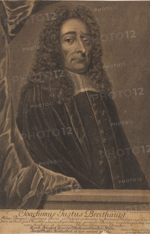 Portrait of Joachim Justus Breithaupt, print, printmaker: Christian Albrecht Wortmann, Germany, after painting by Johann Anton Rüdiger, 1690 - 1760, unknown, grantor of privilege, paper, engraving, etching, height 312 mm x width 207 mm, Person, Joachim Justus Breithaupt, historical persons, A sepia-toned engraved portrait of a man shown from the chest upward, facing slightly to the viewer's left, with a solemn expression and long, tightly curled hair that frames his face and shoulders. He wears a dark, buttoned garment with a high, broad collar and a draped cloak over one shoulder. A heavy, folded curtain appears at the left edge of the image, and a horizontal ledge runs across the lower part of the composition. The background is a uniform textured field.