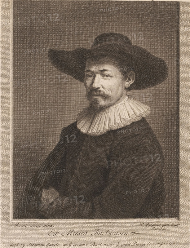 Ex Museo An: Cousin, Portrait of Herman Doomer, print, printmaker: Nicolas-Gabriel Dupuis, London, after painting by Rembrandt van Rijn, publisher: Salomon Gautie, c. 1713 - c. 1718, paper, etching, engraving, height 273 mm x width 210 mm, Person, Herman Doomer, historical persons, portrait, self-portrait of artist, A monochrome engraved portrait of a man shown from the chest upward, wearing a wide-brimmed hat and a pleated ruff collar, with a mustache and goatee and a contemplative expression, his arms folded across his chest and his body turned slightly to one side against a textured background framed by a decorative border.