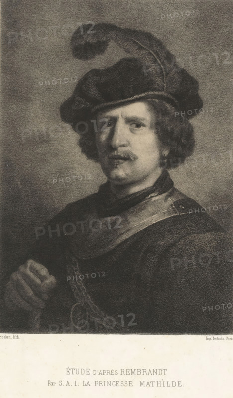Étude d'après Rembrandt by SAI la princesse Mathilde, Portrait of a man with a beret, print, printmaker: Eugène Louis Pirodon, after painting by Rembrandt van Rijn, after design by Mathilde Laetitia Wilhelmine Bonaparte, printer (person): Victor Jacques Bertauts, Paris, 1859, Eugène Louis Pirodon, Rembrandt van Rijn, Mathilde Laetitia Wilhelmine Bonaparte, Victor Jacques Bertauts, printmaker, after painting by, after design by, printer (person), paper, chine collé, lithography, height 327 mm x width 245 mm, Print used in: L'Artiste, vol. 8. Print exhibited at the Salon of 1859 in Paris., historical persons, A monochrome portrait of a man shown from the chest up wearing a soft, wide-brimmed hat with a large curved feather, curly hair visible beneath the hat, a mustache and a small goatee, and a single earring in one ear; he is dressed in a dark textured garment with a smooth collar piece and a chain draped across his chest, one hand partially visible holding the chain, and a softly shad...