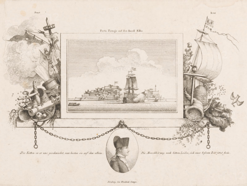 Porto Ferrajo on the island of Elba, Battle of Porto Ferrajo in a frame between an allegory of seafaring, center below the portrait of Napoleon Bonaparte, print, To the left of the frame an allegory of the past (sonst) of seafaring, to the right an allegory of the present (Ietzt). With caption in German., printmaker: Christoph Jakob Wilhelm Karl Joachim Haller von Hallerstein, publisher: Friedrich Campe, Nuremberg, 1801 - 1821, Bavaria, paper, etching, height 201 mm x width 280 mm, Person, Napoleon I (Emperor of the French), historical persons, island, navy, siege, ornament, medallion, Tuscany, Livorno, Elba, A rectangular framed etching of a coastal town with fortifications and clustered buildings sits at the top center, showing a tall sailing ship near the shore and smaller boats on the water beneath a sky filled with lined shading and billowing clouds; ornate decorative clusters flank the central image, with the left side featuring maritime objects such as cannons, anchors, ropes, a...