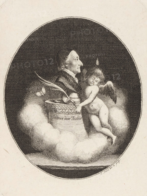 Bust of Johann Kaspar Lavater with a putto, print, printmaker: Jacob Merz, 1801 - 1807, paper, etching, height 122 mm x width 92 mm, Person, Johann Caspar Lavater, cupids: 'amores', 'amoretti', 'putti', insects: butterfly, portrait of a writer, chest, bust, divination, smoke, An oval engraving shows an older man in profile wearing a cap and a fur-collared garment, positioned behind a cylindrical pedestal partly surrounded by clouds; a winged cherub with closed eyes leans against the pedestal, one arm resting on it and the other hanging down, a small flame-shaped object hovers above the cherub's head, a quill and inkwell sit on the pedestal, a small butterfly rests on a cloud near the pedestal, and the scene is rendered in fine etched lines within a dark textured background.