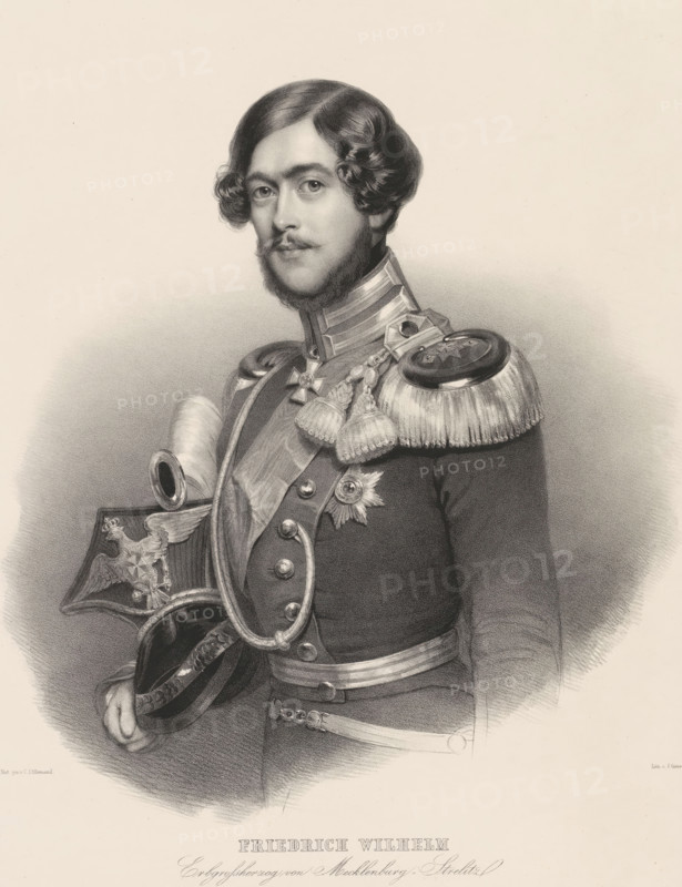 Friedrich Wilhelm, Erbgrossherzog von Mecklenburg-Strelitz, Portrait of Frederick William, Grand Duke of Mecklenburg-Strelitz, print, printmaker: Julius Giere, after drawing by Conrad L'Allemand, publisher: Julius Giere, Hannover, 1817 - 1880, Julius Giere, Conrad L'Allemand, publisher, Lower Saxony, paper, chine collé, lithography, height 545 mm x width 387 mm, Person, Frederik Willem van Mecklenburg-Strelitz, historical persons, adult man, beard, A monochrome lithographic portrait of a young man shown from the waist up wearing an ornate military uniform with braided cords and a high collar, shoulder epaulet with fringe and decorative tassels, and a sash across his chest; he has wavy hair styled to the sides, a short mustache and beard, and is holding a plumed helmet decorated with an eagle motif and a star-shaped emblem; various medals and buttons are visible on his coat, and the background is plain with soft shading.