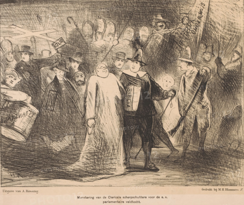 Caricature of Herman Schaepman, The True Night Watch, cartoon, print, Herman Schaepman walks at the front of The Night Watch as Willem van Ruytenburch. A cross is also carried in the crowd, a reference to the 'crusade' he waged for educational reforms. This print was published by De Lantaarn., printmaker: Jan Holswilder, Netherlands, printer (person): MH Blommers, The Hague, publisher: Adriaan Rössing, 1885, printer (person), paper, tone lithography, tone lithography in black with tone block in beige, height 260 mm x width 335 mm, This print was published by De Lantaarn. The Hague, Rössing, 1st year. no. 18., Person, Herman Johannes Aloysius Maria Schaepman, political caricatures and satires, A crowded charcoal drawing of figures in period clothing gathered in a dim scene, with two central figures walking arm in arm; one wears a flowing light-colored robe and carries a chain, the other wears a dark garment with a wide collar and a tall hat, holding a small glowing round object that emi...
