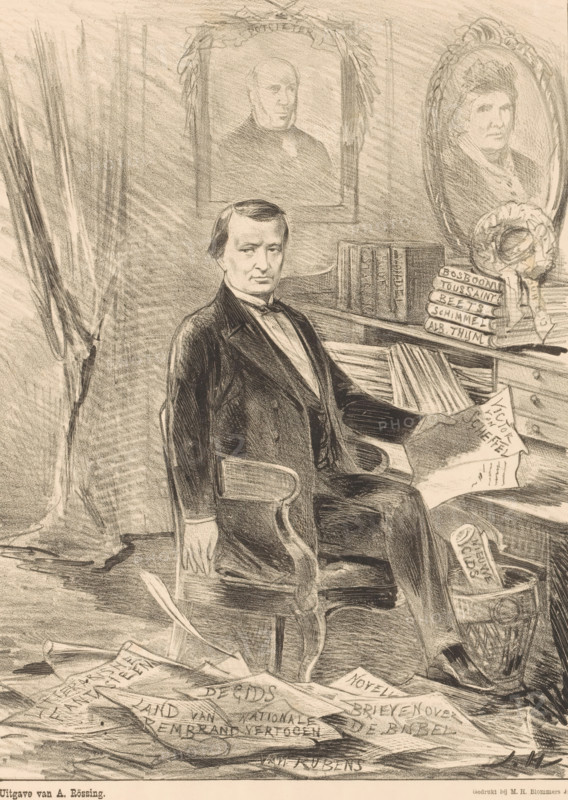 Portrait of Conrad Busken Huet in his study, In memory of Cd. Busken Huet, print, The sitter sits behind his desk surrounded by books and papers referring to his publications. On the wall are two portraits, including one of Everhardus Johannes Potgieter. This print was published by De Lantaarn., printmaker: Jan Holswilder, Netherlands, printer (person): MH Blommers, The Hague, publisher: Adriaan Rössing, 1886, printer (person), paper, lithography, height 335 mm x width 260 mm, This print was published by De Lantaarn. The Hague, Rössing, 2nd year. no. 10., Person, Conrad Busken Huet, writing-table, writing-desk, historical persons (full length portrait), portrait of a writer, A man in a dark suit sits in a wooden chair beside a cluttered desk, holding a sheet of paper and looking forward with a neutral expression; the desk surface and floor around him are scattered with papers and books, and a wastebasket beside his legs contains crumpled sheets. On the wall behind him are two framed po...