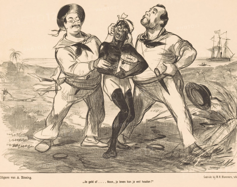 Cartoon about European extortion of non-Western countries, Two European men hold a black man, Financial politics, cartoon, print, The men hold the man by his ears. In his arms she has a piggy bank with the words: surplus on it. Below the print the quote: 'Your money or... No, you can keep your life!' This print was published by De Lantaarn., printmaker: Jan Holswilder, Netherlands, printer (person): MH Blommers, The Hague, publisher: Adriaan Rössing, 1887, printer (person), paper, lithography, height 255 mm x width 335 mm, This print was published by De Lantaarn. The Hague, Rössing, 3rd year. no. 19., political caricatures and satires, money-chest, treasure-chest, money-box, master, enslaved person, Three figures stand on a shoreline rendered in charcoal tones, with two light-skinned men flanking and restraining a dark-skinned person in the center; the flanking men wear sailor-like shirts with neckerchiefs and wide-brimmed hats, one holding the central figure by the shoulder and the ot...