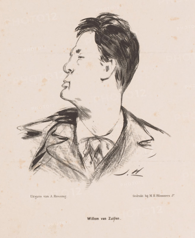 A celebrant, Portrait of actor Willem van Zuylen, cartoon, print, The sitter has turned his head to the left. This print was published by De Lantaarn., printmaker: Jan Holswilder, Netherlands, printer (person): MH Blommers, The Hague, publisher: Adriaan Rössing, 1885, printer (person), paper, lithography, height 340 mm x width 255 mm, This print was published by De Lantaarn. The Hague, Rössing, 1st year no. 24., historical persons ((full) bust portrait), A charcoal or ink sketch of a person in profile facing left, showing a short dark hairstyle with textured strokes, a pronounced nose and closed lips, a visible ear and jawline, and a neck leading to clothing that includes a jacket with broad lapels and a loosely tied neckerchief; the paper background is light with small scattered spots and faint creases.