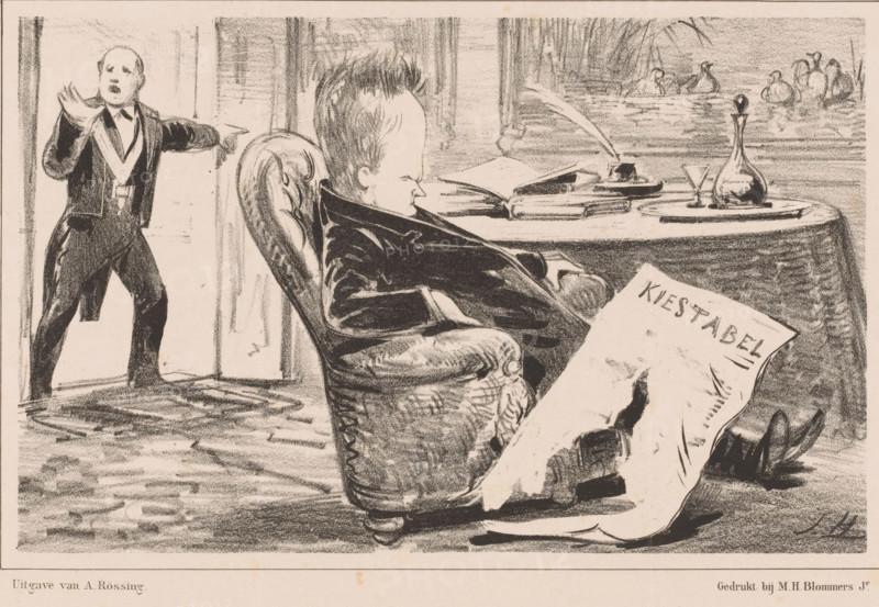 Cartoon regarding the separation of the Schiedam electoral district, The influence of Schiedam in the House of Representatives, cartoon, print, Prime Minister Van Heemskerk Azn. sits slumped and drunk in a chair. Before him lies a torn sheet of paper with 'Kiestabel' written on it. The title refers to the proposal to make Schiedam a separate electoral district. The caption refers to Herman Schaepman and his 'two drinks a day'. When he entered the House of Representatives in 1881, he delivered a fervent plea against the Liquor Act. Later, to everyone's surprise, he admitted that two drinks a day were indeed permitted to workers. These two drinks have since been referred to as 'Schaepmannetjes'. This print was published by De Lantaarn., printmaker: Jan Holswilder, Netherlands, printer (person): MH Blommers, The Hague, publisher: Adriaan Rössing, 1885, Jan Holswilder, MH Blommers, Adriaan Rössing, printmaker, printer (person), publisher, paper, lithography, height 260 mm x width 335 mm, T...