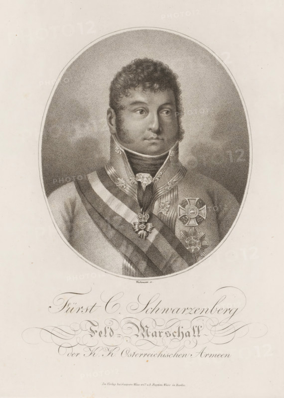 Portrait of Carl Philipp von Schwarzenberg, Bildnisse der berühmstromen Menschen aller Völker und Zeiten, Portraits of famous people, print, printmaker: Anton Wachsmann, Germany, publisher: Weiss et Co., Gaspare, publisher: Baptista Weiss, Berlin, 1800 - 1836, paper, engraving, stipple work, height 272 mm x width 207 mm, Person, Carl Philipp von Schwarzenberg, historical persons, A detailed oval portrait drawn in a stippled style shows a man from the chest up wearing a high uniform collar and ornate military decorations on his chest and sash; he has short curly hair, sideburns, and a composed facial expression, with shading suggesting a neutral background inside the oval and empty pale margins outside.