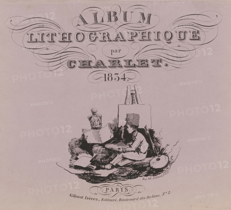 Cover for: Lithographic album 1834, Album lithographique par Charlet 1834, wrapper, Cover with eighteen prints, numbered 1 to eighteen., printmaker: Nicolas Toussaint Charlet, Paris, publisher: Gihaut frères, 1834, paper, pen lithography, height 247 mm x width 338 mm, boy (child between toddler and youth), calligraphy, easel, A decorative header with ornate swirling flourishes and large shaded ornamental lettering sits at the top of a pale pink page, above a black ink illustration of a seated figure wearing a tall hat and cloak, surrounded by scattered books, papers, cushions, and an artist's palette, with additional small decorative elements and a stylized oval emblem below the drawing.