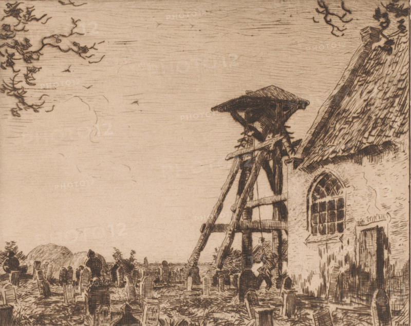 Church with churchyard and bell tower, Churchyard with bell tower, Giethoorn (original title), print, printmaker: Willem Bastiaan Tholen (signed by artist), 1870 - 1908, paper, etching, intaglio printmaking technique, height 165 mm x width 208 mm, churchyard, cemetery, church (exterior), church bell, A sepia-toned etching showing the roof and bell tower of a building with a steep, thatched roof and a tall wooden bell support structure, a rounded window with a lattice pattern set in the building wall, and a foreground filled with scattered grave markers and mounded ground; tree branches extend into the upper left, birds are sketched in the sky, and figures and small structures appear among the graves near the base of the bell tower.