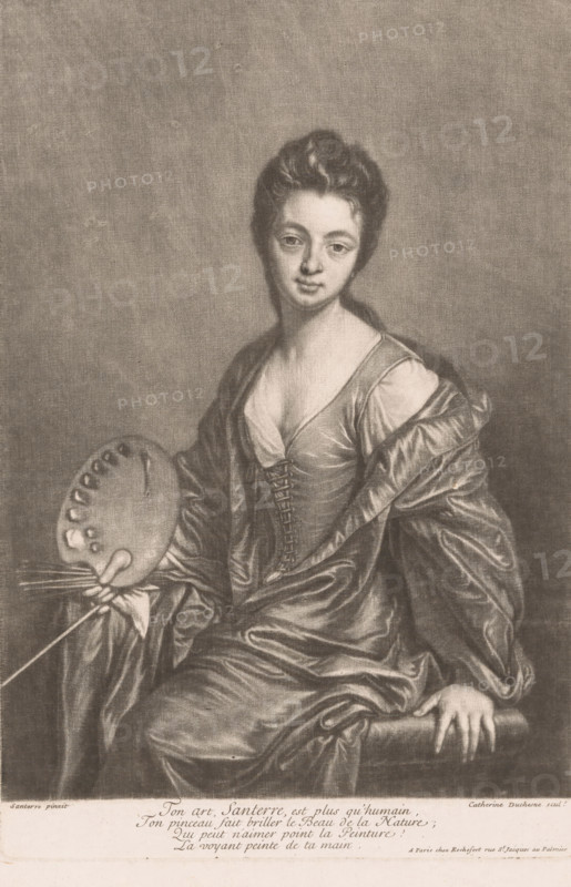 Portrait of Geneviève Blanchot as Painting, print, printmaker: Cathérine Duchesne, after painting by Jean-Baptiste Santerre, publisher: Pierre de Rochefort, Paris, 1745 - 1755, paper, mezzotint, height 294 mm x width 196 mm, Person, Geneviève Blanchot, historical persons, 'Pictura', symbolic representations, allegories and emblems, painting, 'Pittura' (Ripa), A seated woman with an upstyled hairdo and a soft facial expression wears a low-cut bodice and a voluminous draped garment with visible folds and sheen; she holds an artist's palette and brushes in one hand while the other hand rests on a cushioned surface, and the background is plain and textured.