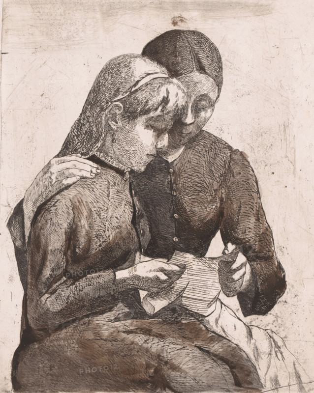 Two seated women reading a letter together, print, annotation: '2eme Eupreuve retouchée', printmaker: Willem Albracht (signed by artist), 1883, materials by function, paper, ink, etching, drypoint, intaglio printmaking technique, brush, proof worked with brush and ink, height 246 mm x width 198 mm, reading, the ages of man, A monochrome etching of two seated figures leaning close together, one with hair held back by a headband and wearing an earring, the other with short hair and a buttoned top; their faces are close and tilted toward each other, eyes closed or lowered. One figure's arm rests over the other's shoulder while both hands hold and look at a folded sheet of paper with visible lines. The clothing shows textured shading and crosshatching, and the background is lightly marked with scratches and smudges.