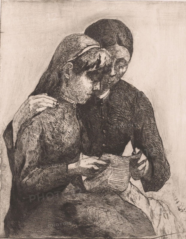 Two seated women reading a letter together, print, printmaker: Willem Albracht (signed by artist), 1883, paper, etching, drypoint, intaglio printmaking technique, height 246 mm x width 198 mm, reading, the ages of man, A monochrome etching of two seated figures shown from the waist up, one slightly behind the other and leaning close, their heads touching; both wear simple dark garments with textured shading, and one figure rests a hand on the other's shoulder while the other holds a folded sheet with visible linear marks; faces are rendered with crosshatched lines and closed or downcast eyes, hair is dark and smoothed, and the background is plain with faint scratches and tonal variations.