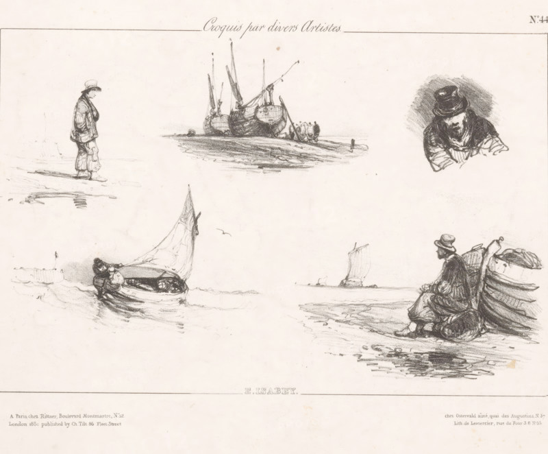 Fishermen and fishing boats on the beach, Macédoine (bateaux et pêcheurs), Sketches by various artists, Croquis par divers Artistes, print, Series number, 44, 70, printmaker: Eugène Isabey, printer (person): Joseph Rose Lemercier, Paris, publisher: Henri Rittner, publisher: Jean Fréderic Ostervald, publisher: Charles Tilt, London, 1830, printer (person), paper, lithography, height 252 mm x width 313 mm, beach, sailing-ship, sailing-boat, sea and coastal fishery, A pale sheet with multiple charcoal sketches showing small sailboats on water, a cluster of larger beached boats with masts, a standing figure in a hat and loose clothing facing left, a seated man in a hat leaning against a boat with folded arms, a close-up portrait of a man wearing a hat and scarf shaded heavily, a small boat with a raised sail and two seated figures inside, and a distant sail on the horizon, all rendered in soft gray tones on a light background.
