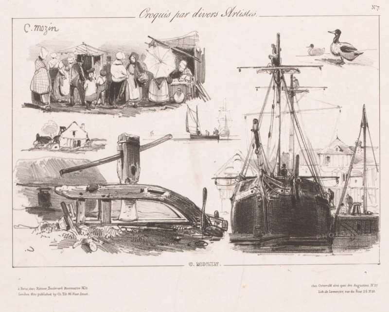 Various sketches of sailor life, Sketches by various artists, Croquis par divers artistes, print, Series number, 7, printmaker: Charles Louis Mozin, printer (person): Joseph Rose Lemercier, Paris, publisher: Henri Rittner, publisher: Jean Fréderic Ostervald, publisher: Charles Tilt, London, 1829 - 1840, printer (person), paper, lithography, lithografie, height 221 mm x width 294 mm, sailing-ship, sailing-boat, ducks (domestic waterbirds), fashion, clothing, A monochrome sketch showing a waterfront scene with several boats moored at a dock, tall masts and rigging rising from a large ship, and a smaller boat overturned on the shore beside a wooden post and beam. Above the boats, a group of figures stands near a market stall with an open umbrella, several people in long garments and head coverings gathered together. To the right of the market group, a pair of waterfowl float on the water near the distant sailing vessels. Scattered foreground objects include ropes, wooden planks, and piled...