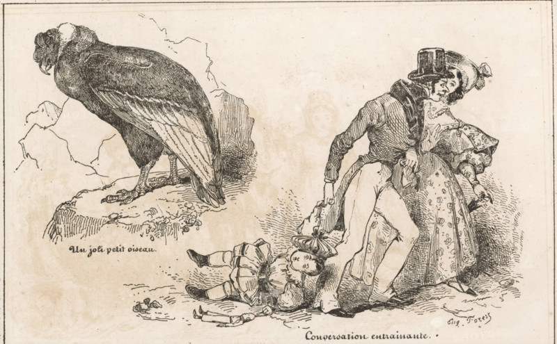 A pretty little bird, Entraining conversation, Sitting vulture and a man dragging a child behind him, The little print shop, Small collection of prints, print, album page, Page with two separate illustrations. This print is part of an album., printmaker: Eugène Hippolyte Forest, publisher: Aubert & Cie., Paris, 1834, paper, wood engraving, height 141 mm x width 232 mm, father and child(ren), man and child(ren) (family group), predatory birds: vulture, absence of parental love, A large bird with detailed feather etching stands on a rocky ledge on the left, its head turned slightly downward and showing a curved beak and textured plumage; on the right, a couple dressed in period clothing walk closely together, the man wearing a tall hat and a coat and the woman wearing a bonnet and a patterned dress with puffed sleeves, her hand resting near his arm; beneath them a small child in a dress and bonnet lies on the ground with a doll and a small book nearby; the scene is rendered in fine black...