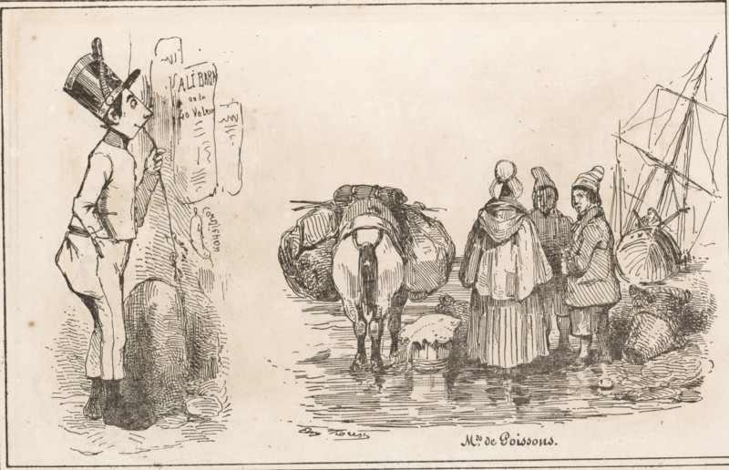Man reading a poster and figures and pack donkey by the sea, Mds de Poissons, Small collection of prints, Le petit magasin d'estampes, print, album page, Page with two separate images. This print is part of an album., printmaker: Eugène Hippolyte Forest, publisher: Aubert & Cie., Paris, 1834, Eugène Hippolyte Forest, Aubert & Cie., printmaker, publisher, paper, wood engraving, height 141 mm x width 232 mm, beach, ass, donkey, poster-pillar, A pen and ink scene shows a man standing at left wearing a tall hat and a jacket, leaning on a long stick and looking toward a wall with papers attached; near him are hanging objects and a rounded rock at his feet. At center a pack animal stands with its rear toward the viewer, loaded with bundles and gear and standing in shallow water with reflections beneath. To the right three figures stand together facing away or in profile, wearing cloaks, hats, and layered clothing, with one figure turning to look toward the viewer. Nearby are baskets, coils o...