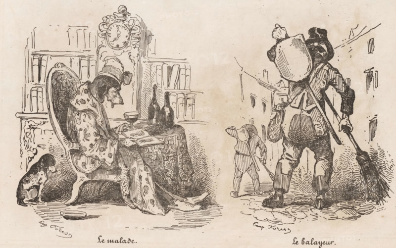 The sick person, The footman, Sick dog in a chair and two street sweepers, Small collection of prints, The small print shop, print, album page, Page with two separate illustrations. This print is part of an album., printmaker: Eugène Hippolyte Forest, publisher: Aubert & Cie., Paris, 1834, paper, wood engraving, height 141 mm x width 232 mm, dog, patient, sick person, animals acting as human beings, street sweeping, street sweeper, A pen-and-ink illustration divided into two scenes shows on the left a seated figure in an ornate high-backed chair wearing a patterned robe and a cap, leaning forward over an open book on a small round table draped with a patterned cloth; on the table are two tall bottles and a filled glass, and a tall decorative clock stands behind the chair with books on shelves nearby while a small dog sits at the seated figure’s knee looking downward and a shallow dish rests on the floor. On the right a standing figure seen from behind wears a broad-brimmed hat, carries...