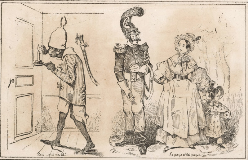 Figure in nightwear and a soldier, woman and child, Le Pays et la Payse, Qui...qui va là!!, Small collection of prints, Le petit magasin d'estampes, print, album page, Sheet with two separate scenes. This print is part of an album., printmaker: Eugène Hippolyte Forest, publisher: Aubert & Cie., Paris, 1834, Eugène Hippolyte Forest, Aubert & Cie., printmaker, publisher, paper, wood engraving, height 141 mm x width 232 mm, the soldier, the soldier's life, nightwear, A pen-and-ink scene on aged paper shows four figures standing indoors near a paneled door and a plain wall. On the left a man in a tall rounded cap and striped shirt leans forward holding a small candle on a shallow holder close to the door, one foot raised on a wooden shoe and a pair of long objects strapped across his back. In the center a man in a decorated uniform with epaulets and a tall feathered helmet stands facing right, one hand resting near his belt and the other holding a curved object at his side. To his right a ...