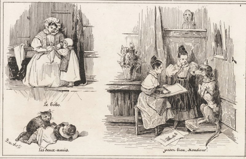 Woman with a child and two girls posing a dog, Posez bien, Monsieur!, Les deux amis, Le bobo, Small collection of prints, Le petit magasin d'estampes, print, album page, Page with three separate illustrations. This print is part of an album., printmaker: Frédéric Bouchot, publisher: Aubert & Cie., Paris, 1834, Frédéric Bouchot, Aubert & Cie., printmaker, publisher, paper, wood engraving, height 141 mm x width 232 mm, dog, training of dogs, friendship between man and animal, caressing, petting, cat, drawing, mother and baby or young child, A sepia-toned ink drawing divided into panels shows a woman seated while adjusting a small child's clothing, both wearing long garments and the woman a cap, with a bench and draped cloth nearby; another scene depicts two girls indoors, one seated at a table holding an open book and the other standing and gesturing toward a large dog that sits upright on a cushion, a vase of flowers on a table behind them and a bust on a high shelf above; a separate vi...