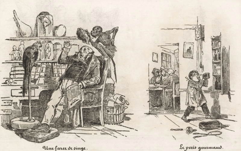 Monkey lifts the wig of a seated man and a child secretly drinks from a bottle, A monkey farce, The little gourmand, The little printing shop, Small collection of prints, print, album page, Page with two separate illustrations. This print is part of an album., printmaker: Eugène Hippolyte Forest, printmaker: Frédéric Bouchot, publisher: Aubert & Cie., Paris, 1834, paper, wood engraving, height 141 mm x width 232 mm, monkeys, apes, wig, Gluttony, Intemperance, 'Gula', 'Gola', 'Ingordigia', 'Ingordigia overo Avidità', 'Voracità' (Ripa), personification of one of the Seven Deadly Sins, glutton, A monochrome sketch shows an interior scene with a seated man leaning back in a chair holding a sheet while a monkey squats on the chair back holding a rounded object toward his face and a perched bird stands on a nearby tall stand; shelves behind them hold rounded vessels and small figurines above stacked books and drawers, and a basket sits beside the chair. To the right, a child walks while drin...