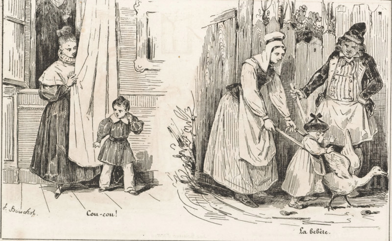 Cou-cou!, Woman and child playing hide-and-seek and woman teaches child to walk, La bebête, Le petit magasin d'estampes, Small collection of prints, print, album page, Page with two separate illustrations. This print is part of an album., printmaker: Frédéric Bouchot, printer (person): Girardet, Paris, publisher: Aubert & Cie., 1834, Frédéric Bouchot, Girardet, Aubert & Cie., printmaker, printer (person), publisher, paper, wood engraving, height 141 mm x width 232 mm, learning to walk, the first steps, hide-and-seek, A black and white ink drawing shows two adjacent scenes. On the left, a woman in a long dress and high collar stands partially behind a curtain at an open doorway, one hand holding the fabric while a small child in a knee-length tunic and short trousers stands nearby looking down and touching the side of the face. Wood-paneled walls and a curtained window frame the doorway. On the right, a taller woman wearing a long dress and a head covering leans forward holding a stick,...