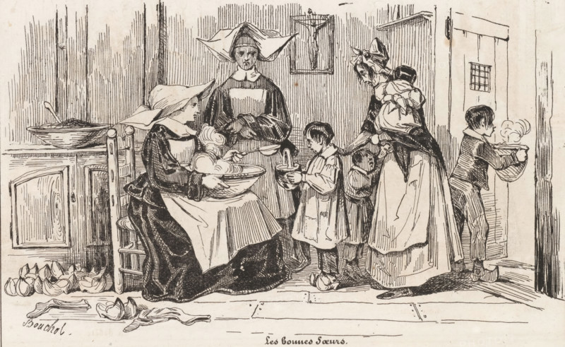The Good Sisters, Distributing food to the poor, The small print shop, Small collection of prints, print, album page, This print is part of an album., printmaker: Frédéric Bouchot, publisher: Aubert & Cie., Paris, 1834, paper, wood engraving, height 141 mm x width 232 mm, giving alms or other charity, eg: handing out food, A pen-and-ink scene shows a group of women and children in a domestic interior with vertical wall panelling, a crucifix on the wall, and a closed door. A seated woman wearing a wide, pointed headdress and a long dark dress holds a large bowl in her lap and stirs or handles its contents while another standing woman with a different tall headdress and a dark gown looks on with hands folded. A third woman wearing an apron and carrying a bundle on her back stands near two children; one child holds a bowl while the other child stands at the door holding a steaming bowl. A wooden cupboard and bowl with a spoon sit to the left, and peeled vegetable skins and discarded piece...