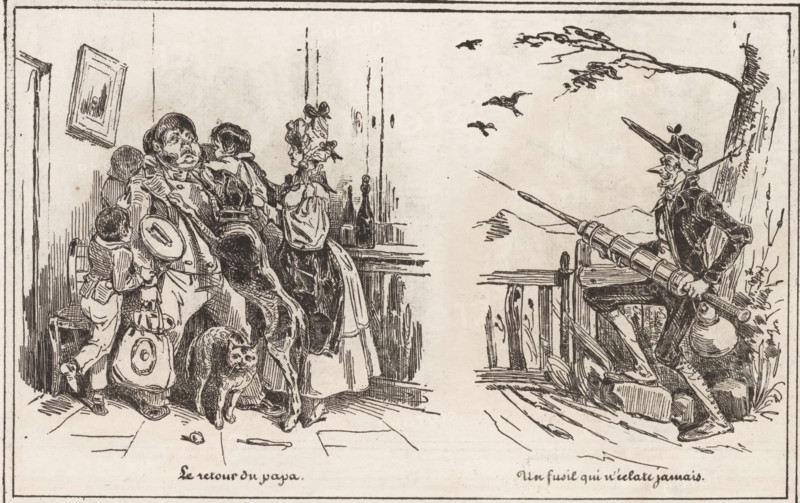 Man greeted by his family upon returning home and a hunter, Un fusil qui n'éclate jamais, Le retour du papa, Small collection of prints, Le petit magasin d'estampes, print, album page, Page with two separate illustrations. This print is part of an album., printmaker: Eugène Hippolyte Forest, printmaker: Frédéric Bouchot, publisher: Aubert & Cie., Paris, 1834, paper, wood engraving, height 141 mm x width 232 mm, hunter, father and child(ren), man and child(ren) (family group), father-love, A black and white ink drawing shows a crowded interior scene on the left with several people gathered by a doorway, including a heavyset man wearing a hat and coat, a woman in a dress with ribbons in her hair, a child clutching a round object and a small dog at their feet; a framed picture hangs askew on the wall and a bottle sits on a ledge behind the group. On the right, a lanky man wearing a peaked cap and coat sits on a wooden fence or railing holding a long riflelike object that rests across his ...