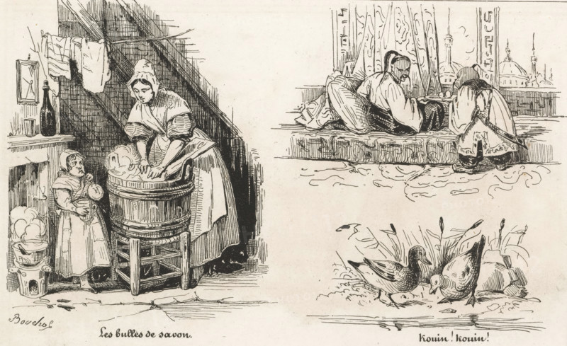 The soap bubbles, Child blowing soap bubbles, two men in Chinese costume and two ducks, Kouin! Kouin!, Small collection of prints, The small print shop, print, album page, Page with three separate illustrations. This print is part of an album., printmaker: Frédéric Bouchot, publisher: Aubert & Cie., Paris, 1834, paper, wood engraving, height 141 mm x width 232 mm, bubble-blowing (children's games and plays), soap-bubble, A monochrome ink drawing divided into panels showing domestic and outdoor scenes; on the left a woman in a long dress and head covering leans over a wooden tub, hands in the water, while a small child in a bonnet stands nearby holding a round object and looking up; nearby are a bottle on a shelf, a bucket with bubbles, hanging cloths, a framed picture on the wall, and angled ceiling beams. On the upper right a reclining figure rests on cushions by a window while another figure kneels beside them, draped fabrics and a distant skyline with domed and spired buildings visi...