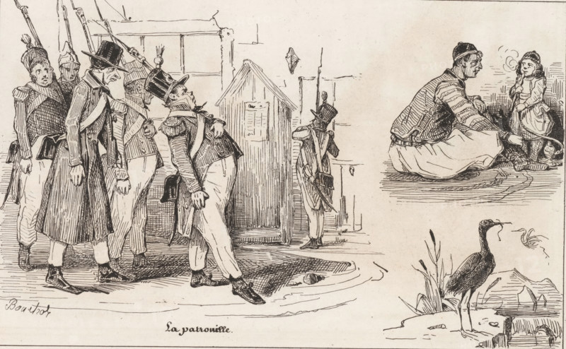 Soldiers on patrol, child by a hookah and a stork, La patrouille, Le petit magasin d'estampes, Small collection of prints, print, album page, Page with three separate illustrations. This print is part of an album., printmaker: Frédéric Bouchot, publisher: Aubert & Cie., Paris, 1834, Frédéric Bouchot, Aubert & Cie., printmaker, publisher, paper, wood engraving, height 141 mm x width 232 mm, the soldier, the soldier's life, shore-birds and wading-birds: stork, water-pipe, hookah, narghile, A pen-and-ink scene shows a group of uniformed soldiers standing and walking near a small wooden sentry hut, their uniforms including tall hats, sashes, and long coats, with one soldier standing rigid beside the hut holding a long pole or musket and another leaning back with a rounded belly and hand at his chest as he looks upward; to the right a seated man in a striped shirt and loose trousers faces a small child who stands holding a string attached to a toy or object near the ground, and below them a...