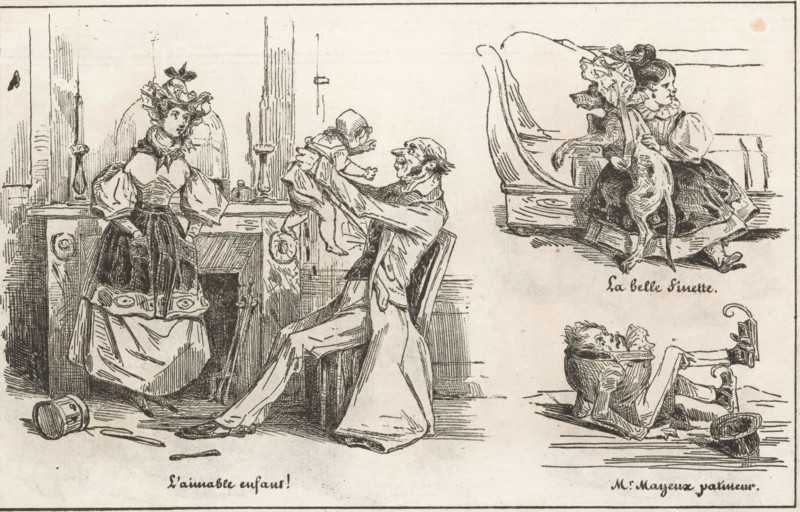 La belle Finette, Family, girl with dressed-up dog and fallen skater, L'aimable enfant!, Mr. Mayeux patineur, Small collection of prints, Le petit magasin d'estampes, print, album page, Page with three separate illustrations. This print is part of an album., printmaker: Eugène Hippolyte Forest, printmaker: Frédéric Bouchot, publisher: Aubert & Cie., Paris, 1834, paper, wood engraving, height 141 mm x width 232 mm, dog, skates (winter sports) (accident (in sports, games, etc.)), descendant, A pen-and-ink scene showing a seated man holding a small child up in front of him while a woman in a voluminous dress and ornate bonnet stands nearby with her hands at her waist, a room interior with tall candlesticks and a fireplace behind them, a tipped bucket and scattered utensils on the floor, and to the right two girls on a bench with one girl holding a small dog as they both look toward the left while a fallen man lies on his back below them with his legs raised and a hat beside him.