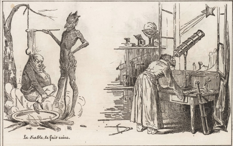 The Devil Tortures a Man Over a Fire and Astronomer with Telescope, The Small Print Shop, Small collection of prints, print, album page, Page with two separate illustrations. This print is part of an album., printmaker: Eugène Hippolyte Forest, printmaker: Frédéric Bouchot, publisher: Aubert & Cie., Paris, 1834, paper, wood engraving, height 141 mm x width 232 mm, telescope, devil or demons attacking mortals, astronomy (and cosmography), A pen-and-ink illustration divided into two scenes shows a thin, horned, imp-like figure standing with one hand on its hip and the other holding a long stick under a limp human cloak suspended from a low tree branch, while a seated man with a round, worried face and a heavy coat sits on a cushion over a shallow pan above a small fire; to the right, a woman leans over a wooden workbench, peering through a long telescope angled out a window toward a star, with various tools and objects on the bench and a large sword propped against the workbench side.
