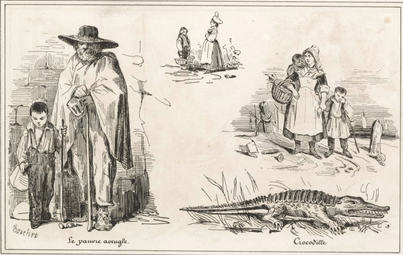 The poor blind man, Blind beggar, woman with children and a crocodile, Crocodile, Small collection of prints, The small print shop, print, album page, Page with four separate illustrations. This print is part of an album., printmaker: Frédéric Bouchot, publisher: Aubert & Cie., Paris, 1834, paper, wood engraving, height 141 mm x width 232 mm, beggar, blind, blindness, A detailed black and white ink drawing shows a scene with several figures and a large reptile. On the left an older person wearing a wide-brimmed hat and a long cloak stands with a staff in hand and a small container hanging from the other hand, and a young boy stands beside them holding a stick and a small sack. In the upper center a woman in a long dress and hat stands facing a smaller figure who is near a basin. On the right a woman in a dress and apron carries a basket and holds the hand of a young child who leans on a stick while another small child clings to the woman's back. In the lower right a large crocodile-lik...