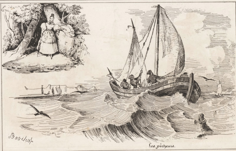 The Fishermen, Forest landscape with woman and fishing boat at sea, Small collection of prints, Le petit magasin d'estampes, print, album page, Page with two separate images. This print is part of an album., printmaker: Frédéric Bouchot, publisher: Aubert & Cie., Paris, 1834, Frédéric Bouchot, Aubert & Cie., printmaker, publisher, paper, wood engraving, height 141 mm x width 232 mm, sailing-ship, sailing-boat, forest, wood, A pen-and-ink illustration showing a sailing boat on choppy water with its sails unfurled and rigging lines visible, three figures aboard handling the sails and tiller, splashing waves with curved, textured lines, a smaller distant sailboat on the horizon, a bird flying above the water, and a separate inset scene in the upper left of a woman in a voluminous dress standing among trees and foliage on a small patch of ground.