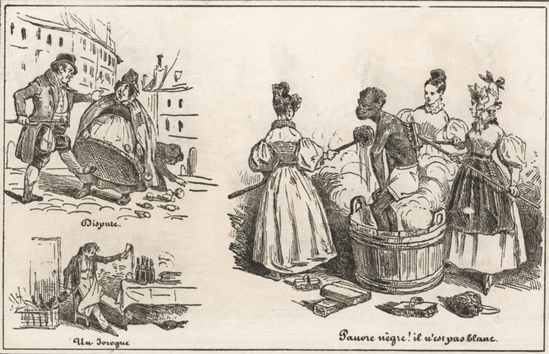 Un Ivrogne, Pauvre nègre! il n'est pas blanc., Dispute, Drinking man at the table and women washing a man in a tub, Small collection of prints, Le petit magasin d'estampes, print, album page, Sheet with three separate scenes. This print is part of an album., printmaker: Eugène Hippolyte Forest, printmaker: Frédéric Bouchot, publisher: Aubert & Cie., Paris, 1834, paper, wood engraving, height 141 mm x width 232 mm, washing and bathing, A black and white line drawing showing several small scenes: on the left a man wearing a hat and coat stands with one foot forward and an outstretched arm toward a heavyset woman in a long dress and cloak who leans back and looks toward him while objects lie on the ground beside her; below them a seated figure holds a bottle and gestures among scattered items and a basket; on the right a scene of three women in long dresses and puffed sleeves standing around a large wooden tub filled with suds and a man who is partially immersed in the tub, one woman seen...