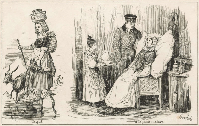 Woman with goat and sick woman in chair, Le gué, Une jeune malade, Le petit magasin d'estampes, Small collection of prints, print, album page, Page with two separate images. This print is part of an album., printmaker: Frédéric Bouchot, publisher: Aubert & Cie., Paris, 1834, Frédéric Bouchot, Aubert & Cie., printmaker, publisher, paper, wood engraving, height 141 mm x width 232 mm, goat, patient, sick person, A black and white line drawing shows two separate scenes side by side within a bordered frame. On the left, a young woman stands on a rocky shoreline holding a staff and wearing a dress with an apron, a backpack, and a stack of round baskets balanced on her head; a goat stands beside her on the rocks with its head lowered toward the water. On the right, an indoor scene depicts a seated woman reclining against a large pillow on an ornate chair, wearing a bonnet and a full dress, with one hand resting on the arm of the chair and a foot on a braided rug; a girl in a pinafore offers a...