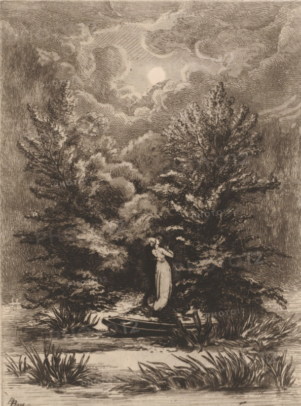 Young couple kissing by moonlight, print, annotation: 'Au clair de lune', printmaker: Edgar Alfred Baes, 1847 - 1909, paper, etching, drypoint, intaglio printmaking technique, height 243 mm x width 183 mm, (lovers) kissing each other, moonlight, A monochrome etched scene shows a person standing near dense, leafy trees and bushes with their head slightly bowed and hands near their chest, wearing a long garment that reaches the ground. A small, narrow boat rests at the water's edge amid reeds and tufts of grass in the foreground. The sky above is filled with swirling, textured clouds and a bright round celestial body partially veiled by the cloud shapes. The overall image features intricate line work creating shadowed foliage, rippling water, and layered vegetation.