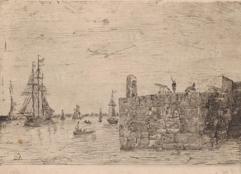 Harbour of La Goulette, Souvenirs from Tunis, print, printmaker: Vicomte Arthur-Jean Le Bailly d'Inghuem, 1875, Vicomte Arthur-Jean Le Bailly d'Inghuem, paper, etching, intaglio printmaking technique, etching with plate tone, height 178 mm x width 245 mm, Part of a series of twelve prints., sailing-ship, sailing-boat, pier, quay, wharf, North Africa, Tunis, La Goulette, A wide sketched scene of a harbor with several sailing ships and small boats on calm water, a large multi-masted ship on the left, and smaller vessels scattered across the middle ground; on the right a tall stone quay or fortification rises with textured blockwork, atop which figures stand and lean near mounted cannons and a cylindrical structure, all rendered in fine hatched lines on a light, slightly aged paper background.