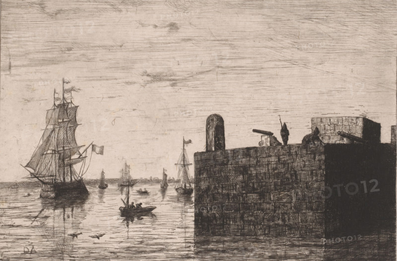 Harbour of La Goulette, Souvenirs from Tunis, print, printmaker: Vicomte Arthur-Jean Le Bailly d'Inghuem, 1875, Vicomte Arthur-Jean Le Bailly d'Inghuem, paper, chine collé, etching, intaglio printmaking technique, roulette, plate tone and roulette, height 186 mm x width 259 mm, Part of a series of twelve prints., sailing-ship, sailing-boat, pier, quay, wharf, North Africa, Tunis, La Goulette, A wide horizontal scene shows a body of water with several sailing ships and small rowboats, the largest ship on the left with tall masts and furled sails, its reflection visible in the water. Near the center and toward the background are additional ships and boats with flags on their masts and tiny figures aboard. On the right a tall stone or brick quay rises from the water, its textured surface drawn with dense crosshatching. Atop the quay are silhouettes of figures and objects, including a person standing near the edge and a cannon or long barrel pointing outward, as well as a rounded bollard o...