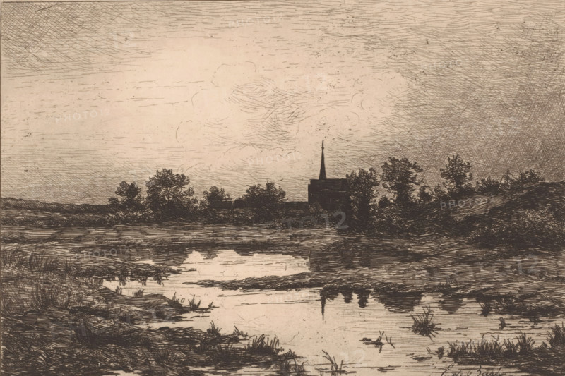 Village church in the evening, near a lake, print, printmaker: Emile de Baré, 1865 - 1902, paper, etching, intaglio printmaking technique, height 190 mm x width 278 mm, landscapes in the temperate zone, parts of church exterior and annexes: tower, A monochrome etched landscape showing a calm body of water in the foreground with marshy banks and clumps of grass, a reflective surface that mirrors darker shapes, a midground silhouette of trees and a building with a tall spire rising above the treeline, and a wide sky filled with fine, crosshatched lines and wispy cloudlike markings.