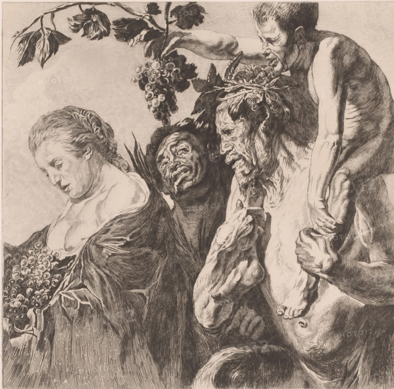 Bacchantes, satyr and woman with grapes, print, printmaker: Charles Théodore Bernier (signed by artist), after painting by Jacques Jordaens, 1881 - 1909, paper, etching, intaglio printmaking technique, etching with plate tone, height 264 mm x width 274 mm, satyr(s) (in general), bunch of grapes, attributes of Bacchus, A close view of a detailed monochrome etching showing four human figures closely grouped, each with distinct facial expressions and textured hair; one figure on the left has braided hair and a serene downward gaze while holding a cluster of round fruits, a darker-skinned central figure tilts the head back with an open mouth and raised palms partially visible, an older bearded figure faces downward with furrowed features and a hand clutching a draped garment, and a muscular figure on the right leans over the group with a focused expression and visible feet resting on another figure; above them a vine with leaves and hanging fruit extends across the top, and the composition...