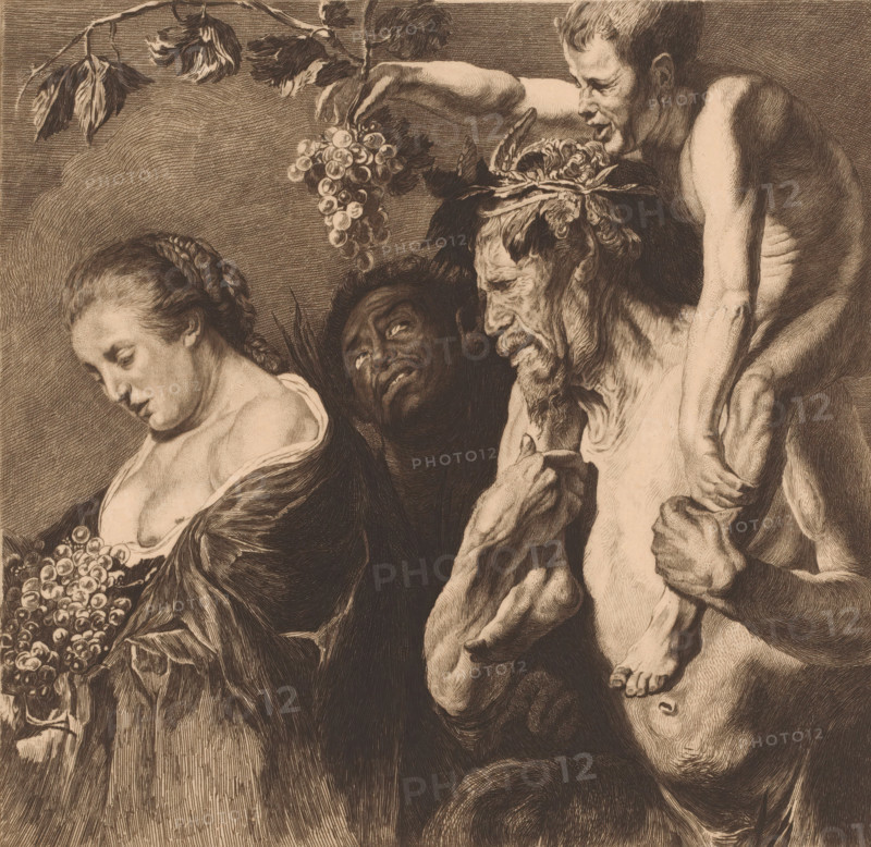 Bacchantes, satyr and woman with grapes, print, printmaker: Charles Théodore Bernier, after painting by Jacques Jordaens, 1881 - 1909, paper, etching, intaglio printmaking technique, roulette, plate tone and roulette, height 255 mm x width 275 mm, satyr(s) (in general), bunch of grapes, attributes of Bacchus, A detailed sepia-toned engraving shows a cluster of four figures closely grouped; a young woman on the left with braided hair and a downcast gaze exposes part of her shoulder and chest while holding a bunch of round fruit; beside her a dark-skinned face looks upward with wide eyes and parted lips; an older bearded man with deep wrinkles and a laurel wreath leans forward with a furrowed expression and his hands near his chest; above them a thin, muscular figure crouches, extending an arm to hold a hanging bunch of fruit and with legs and feet visible over the older man's shoulder; foliage and a branch with leaves appear at the top, and draped garments create flowing dark folds arou...