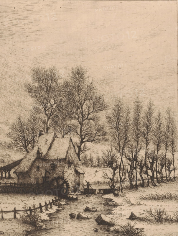 Winter landscape with watermill, print, annotation: '5eme Etat 1ere Epreuve', printmaker: Aristide de Biseau (signed by artist), 1854 - 1883, paper, etching, drypoint, intaglio printmaking technique, height 276 mm x width 218 mm, watermill in landscape, A monochrome sketch shows a rural scene with a thatched building by a narrow winding stream, the building featuring textured walls and small windows and a visible waterwheel at its side. Bare trees with intricate, fine branches rise behind and beside the building, forming a dense stand to the right and scattered taller specimens to the left. A simple fence follows the stream near the foreground, with rocks and clumps of grass along the water’s edge. The sky above is filled with soft, horizontal hatch marks and light textural strokes.
