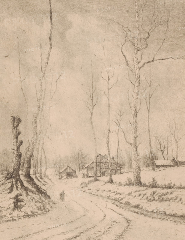 Hiver à Auderghem (Belgique), Winter landscape near Oudergem, print, annotation: 'epreuve unique', printmaker: Aristide de Biseau (signed by artist), 1854 - 1883, paper, etching, intaglio printmaking technique, height 315 mm x width 236 mm, forest path or lane, Oudergem, A tall, narrow scene rendered in fine, delicate lines showing a path curving through a quiet, sparse landscape with tall, bare trees rising on either side; a few simple, weathered wooden buildings with pitched roofs stand among the trees in the middle distance, and a smaller structure sits farther back; the foreground shows exposed roots and textured bark on a large tree stump at the left, a shallow ditch or stream running alongside the road at the right, and faint tracks in the dirt; a solitary small figure walks along the path carrying a bundle or stick; the sky is pale and crosshatched, and the overall image is monochrome with subtle variations in tone.