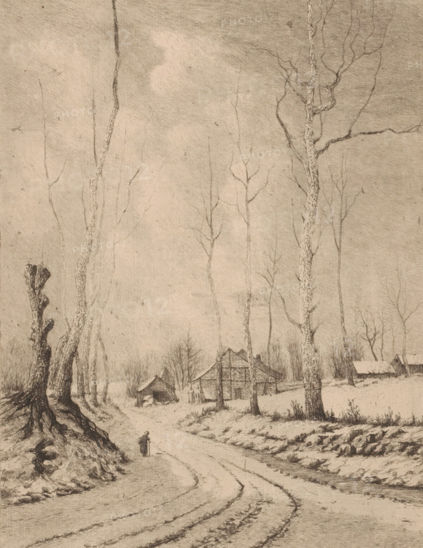 Winter at Auderghem (Belgium), Winter landscape near Auderghem, print, printmaker: Aristide de Biseau (signed by artist), 1854 - 1883, paper, etching, intaglio printmaking technique, height 314 mm x width 236 mm, forest path or lane, Auderghem, A monochrome landscape drawing showing tall, slender trees with bare branches rising from the ground, a winding dirt road with visible ruts curving through the scene, and a small figure walking along the road carrying something in one hand. Near the road are exposed tree roots and a low embankment, and farther back are several simple wooden buildings with pitched roofs surrounded by more leafless trees. The sky appears textured with faint cloud-like shading and the overall scene is rendered in fine, detailed line work.