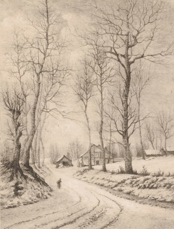 Winter at Auderghem (Belgium), Winter landscape near Auderghem, print, printmaker: Aristide de Biseau (signed by artist), 1854 - 1883, paper, etching, intaglio printmaking technique, height 314 mm x width 236 mm, forest path or lane, Auderghem, A monochrome landscape showing tall leafless trees with intricate branches rising against a pale sky, a winding dirt road with visible ruts leading toward a cluster of rustic wooden buildings, a small figure walking on the road carrying a bundle, exposed tree roots on a sloped roadside, patches of grass and low vegetation along the field edges, and a calm, rural scene rendered in fine, detailed lines.